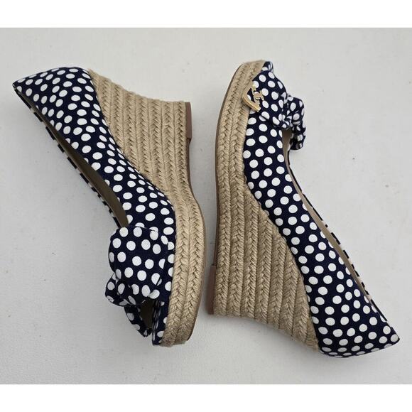 Tory Burch Dory Navy/White Polka Dot Wedge Espadrille Women's Bow Peep Toe Sz 9 - Picture 6 of 10